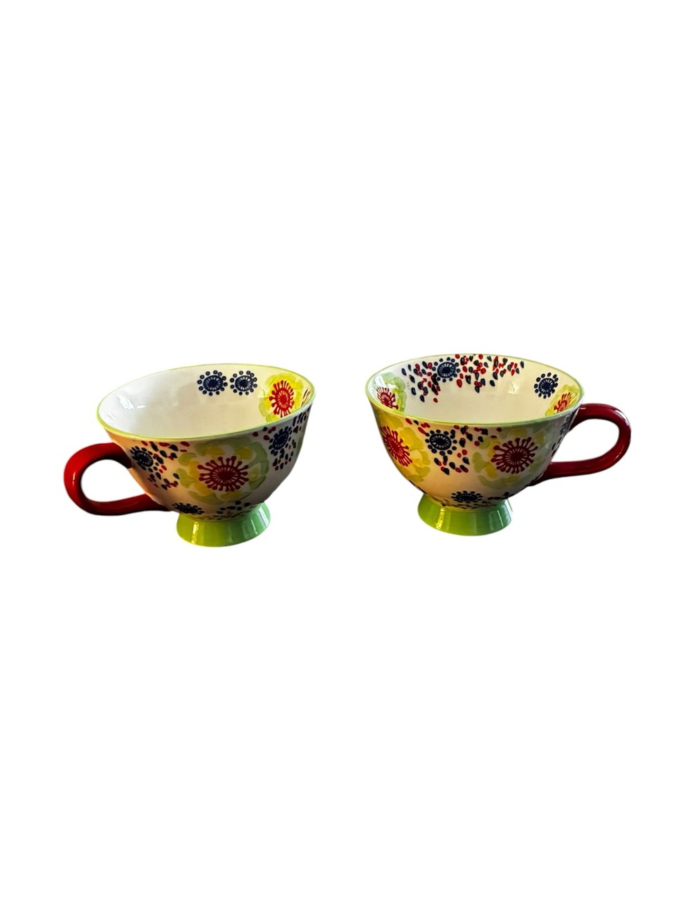 Anthropologie Floral Pedestal Mugs in Red, Green, Yellow